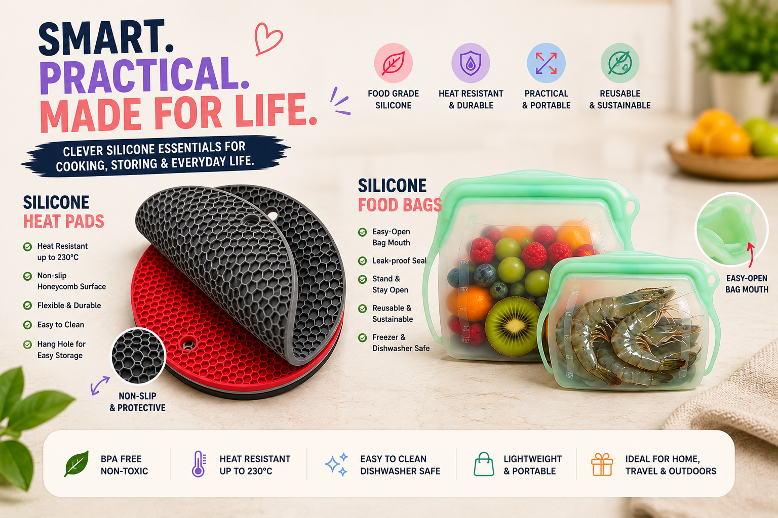 Reusable silicone Heat Mats and storage bags