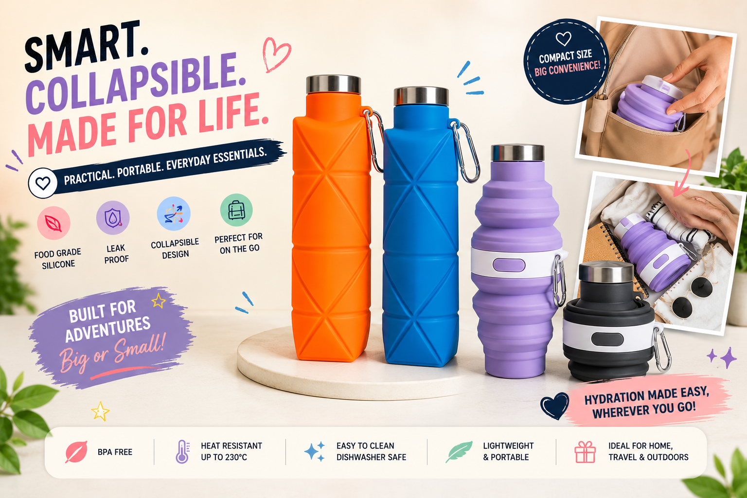 Collapsible silicone water bottles