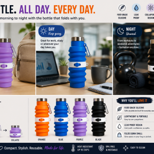 TaliKaya Compact Collapsible Silicone Water Bottle — Fold & Go