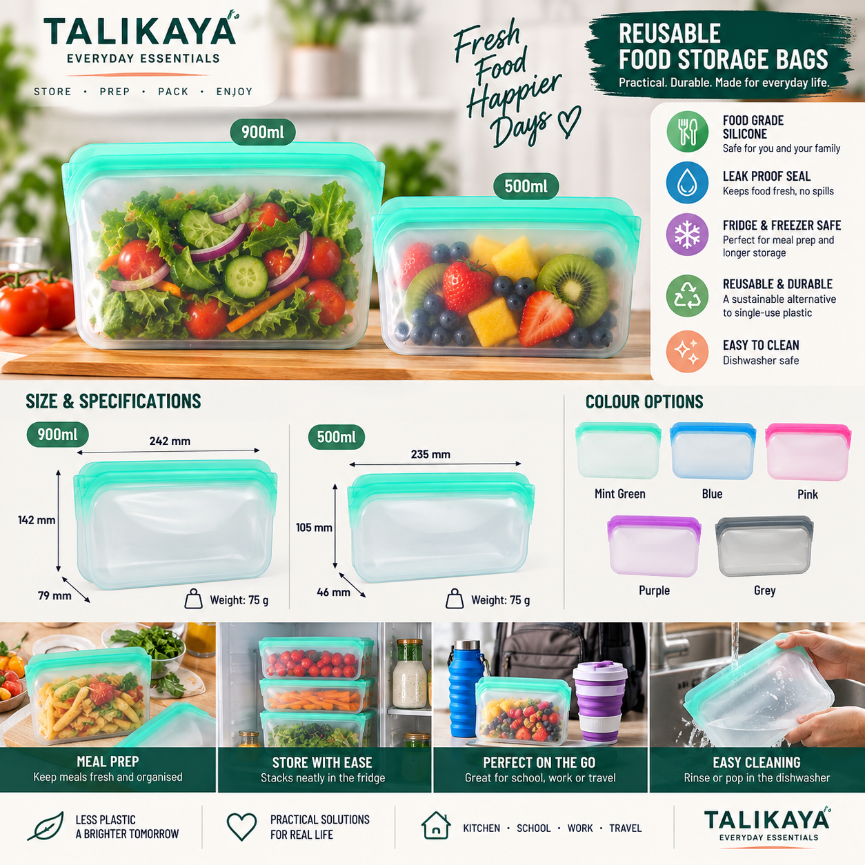 TaliKaya Reusable Silicone Food Storage Bags — Fresh, Organised & Ready to Go - Image 4